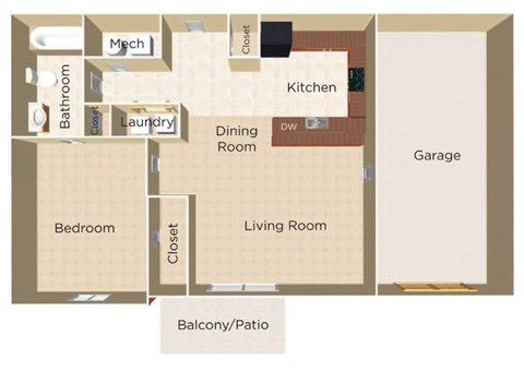 Floor plan for 1 bed, 1 bath, 665 sqft